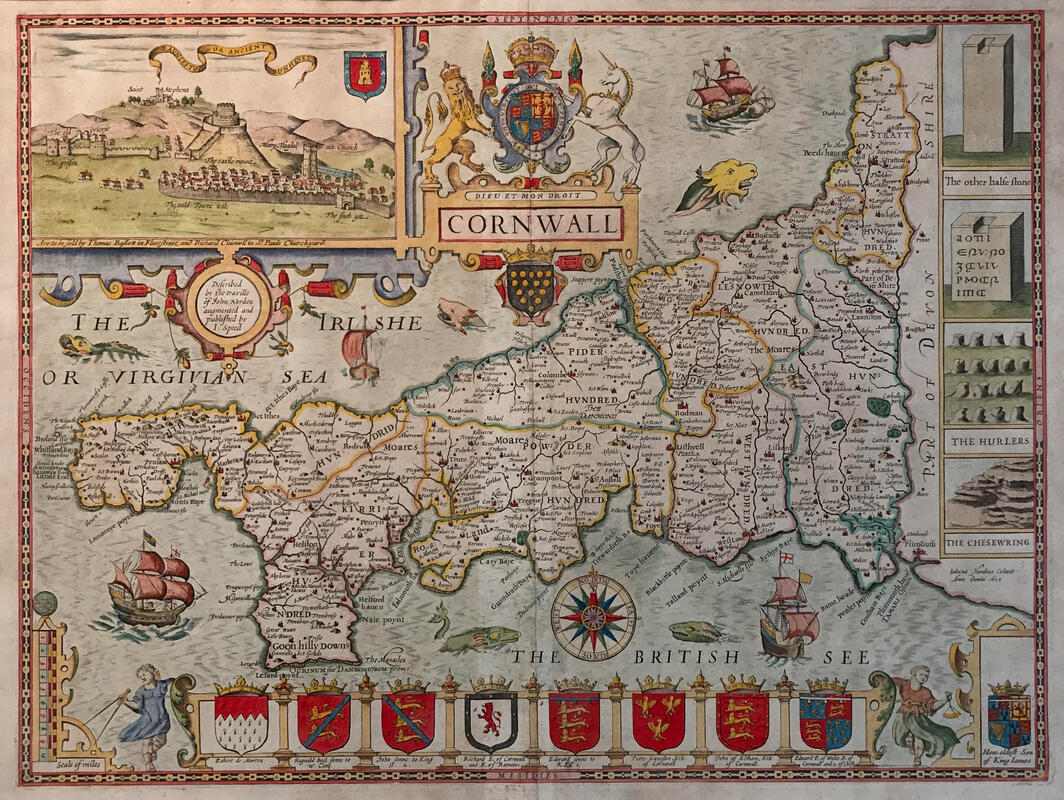 Reproduktion alte antik map of Cornwall von John Geschwindigkeit 17th c FARBE 